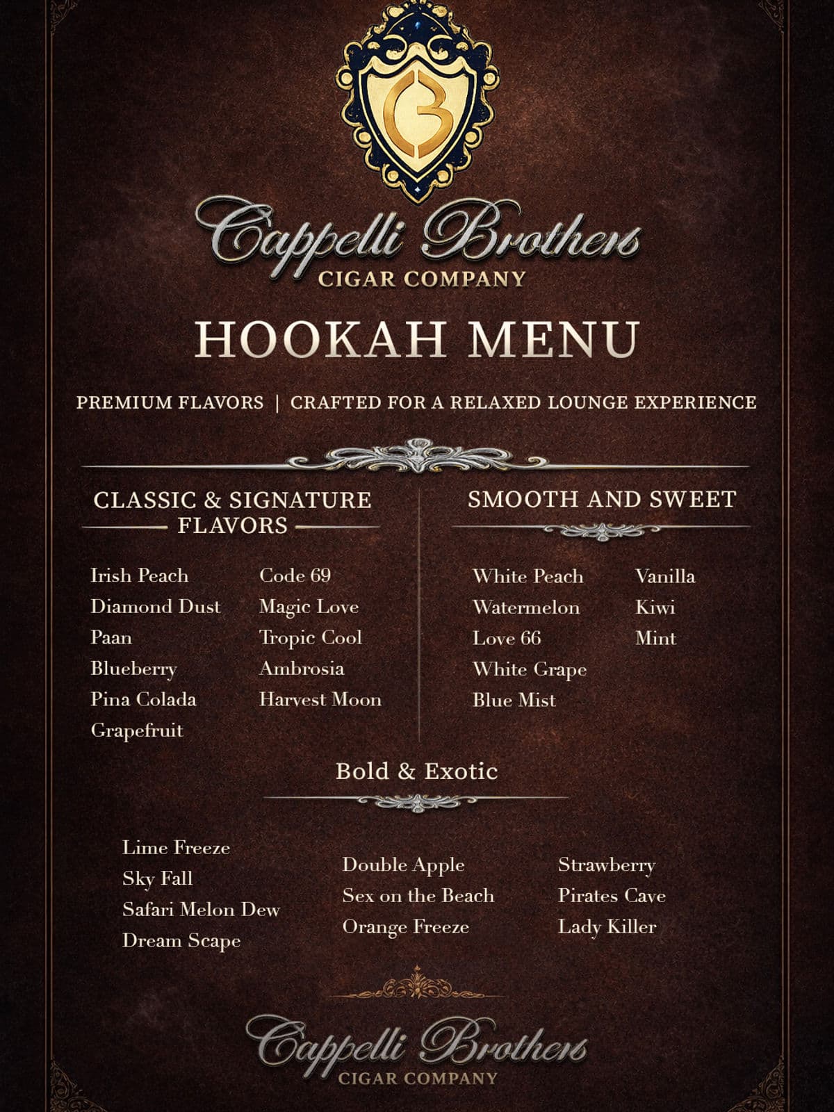 Cappelli Brothers hookah menu with crest and flavor sections