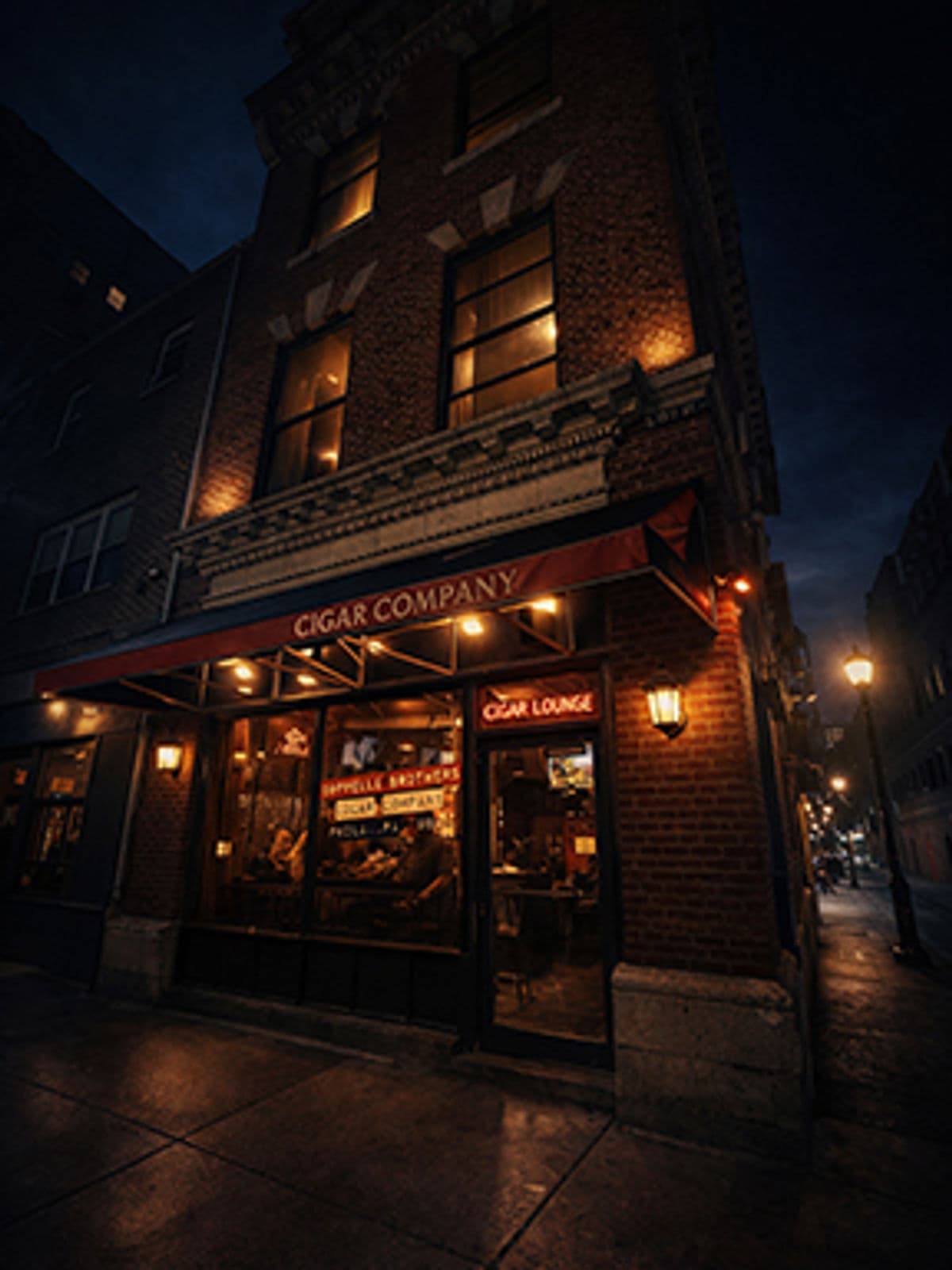 Cappelli Brothers Cigar Company storefront lit at night